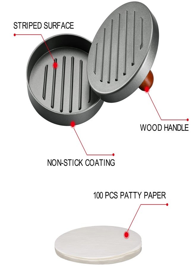 PIQUEBAR Burger Press Patty Maker Stainless Steel Hamburger Patty Press Mold Wood Handle Non-Stick with 100 Patty Papers - Image 3