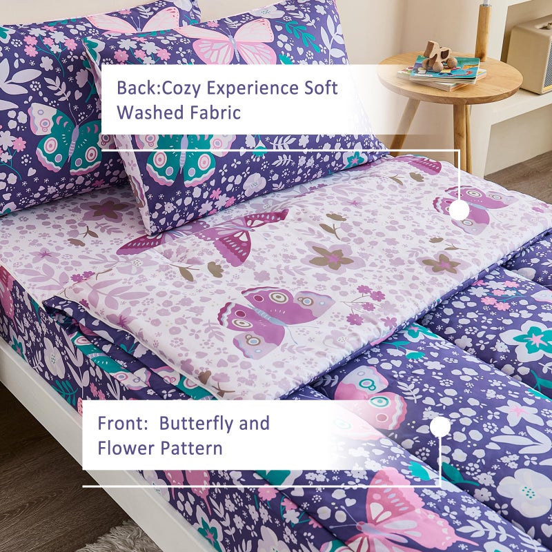 Anibedding 3Pcs Zip Up Bedding Comforter Set for Girls, Purple Butterfly All in One Zipper Twin Bedding Set with Pillowcase for Kids - Image 5