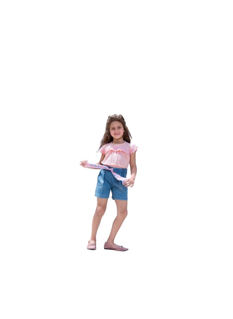 Generic - Girls two-piece set, pink blouse and denim shorts - Image 1