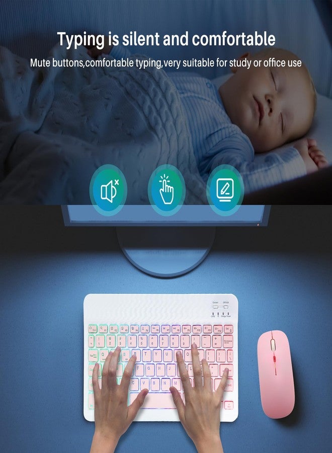 Guiheng Ultra-Slim Bluetooth Keyboard and Mouse Portable Mini Wireless Keyboard Rechargeable 7-Color Backlit for Apple iPad iPhone Samsung Tablet iPhone Smartphone iOS Android Windows,(10 inch Pink) - Image 3