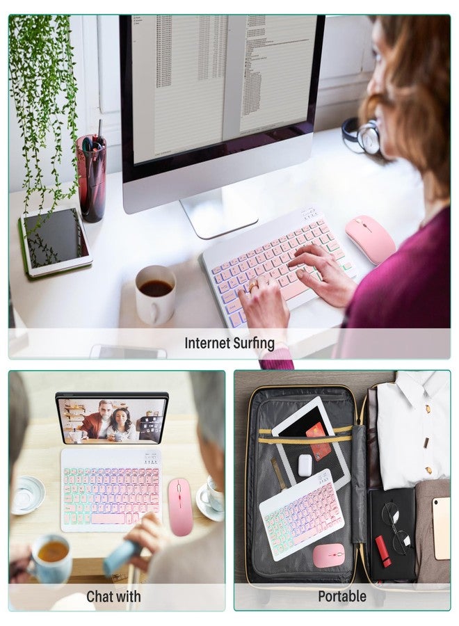 Guiheng Ultra-Slim Bluetooth Keyboard and Mouse Portable Mini Wireless Keyboard Rechargeable 7-Color Backlit for Apple iPad iPhone Samsung Tablet iPhone Smartphone iOS Android Windows,(10 inch Pink) - Image 2