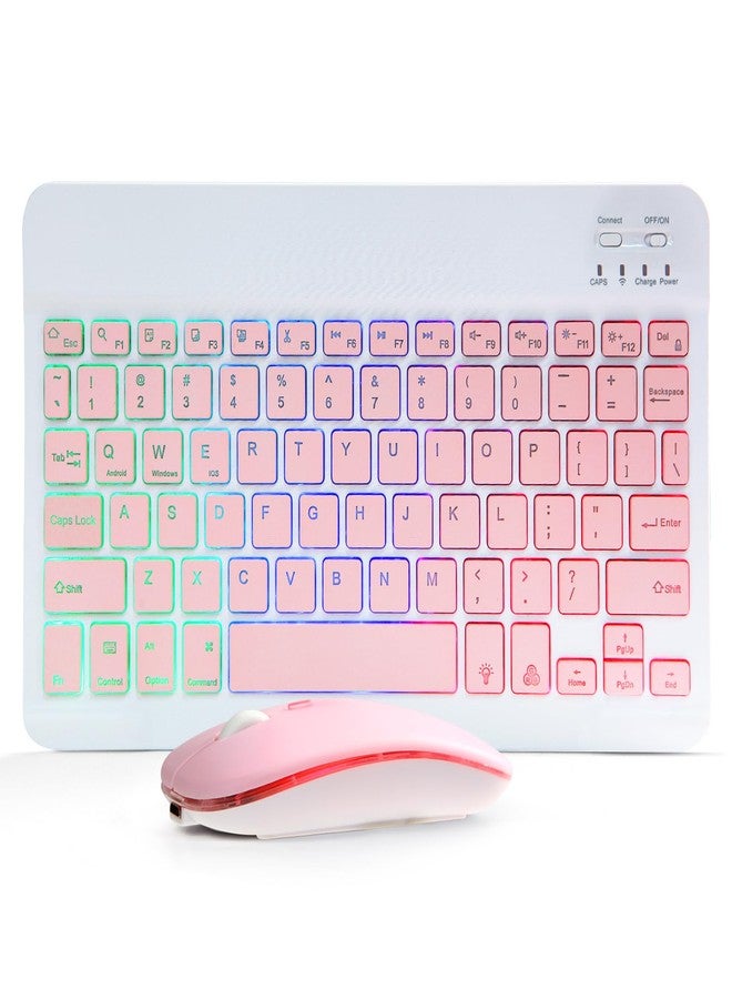 Guiheng Ultra-Slim Bluetooth Keyboard and Mouse Portable Mini Wireless Keyboard Rechargeable 7-Color Backlit for Apple iPad iPhone Samsung Tablet iPhone Smartphone iOS Android Windows,(10 inch Pink) - Image 1