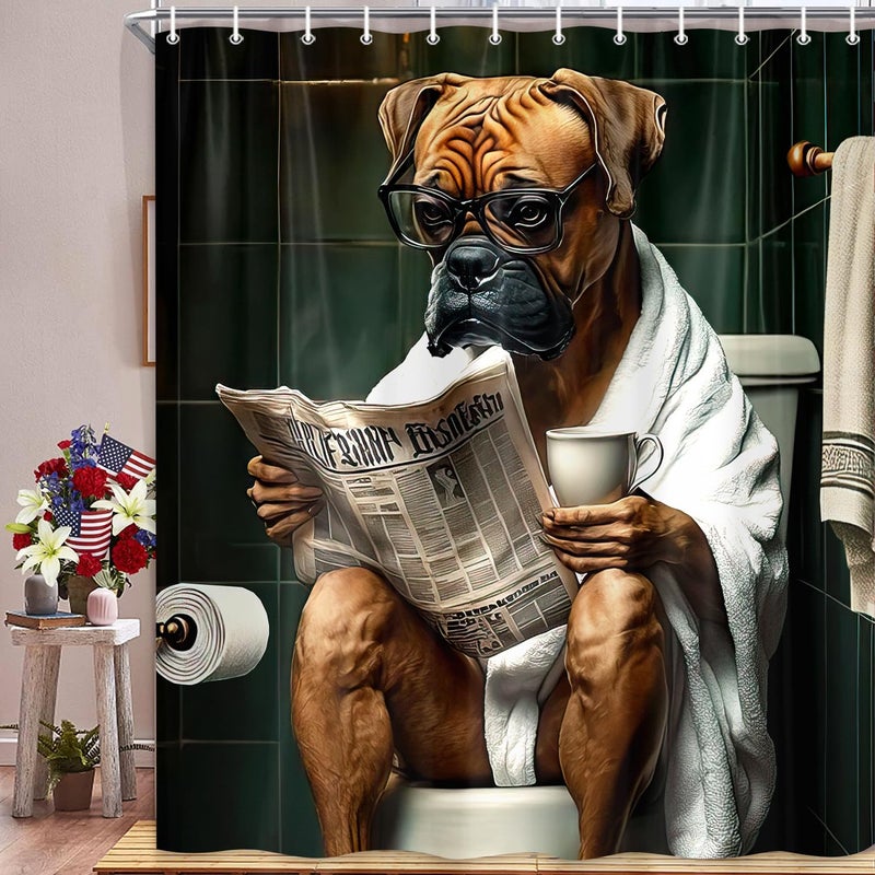 JAWO Funny Dog Bathroom Curtain, Cute Dogs Reading Newspaper on Toilet, Washable Cloth Kids Shower Curtain Set with 12 Hooks, 72X72 - Image 2