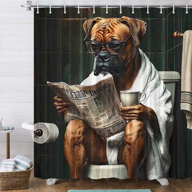 JAWO Funny Dog Bathroom Curtain, Cute Dogs Reading Newspaper on Toilet, Washable Cloth Kids Shower Curtain Set with 12 Hooks, 72X72 - Image 1