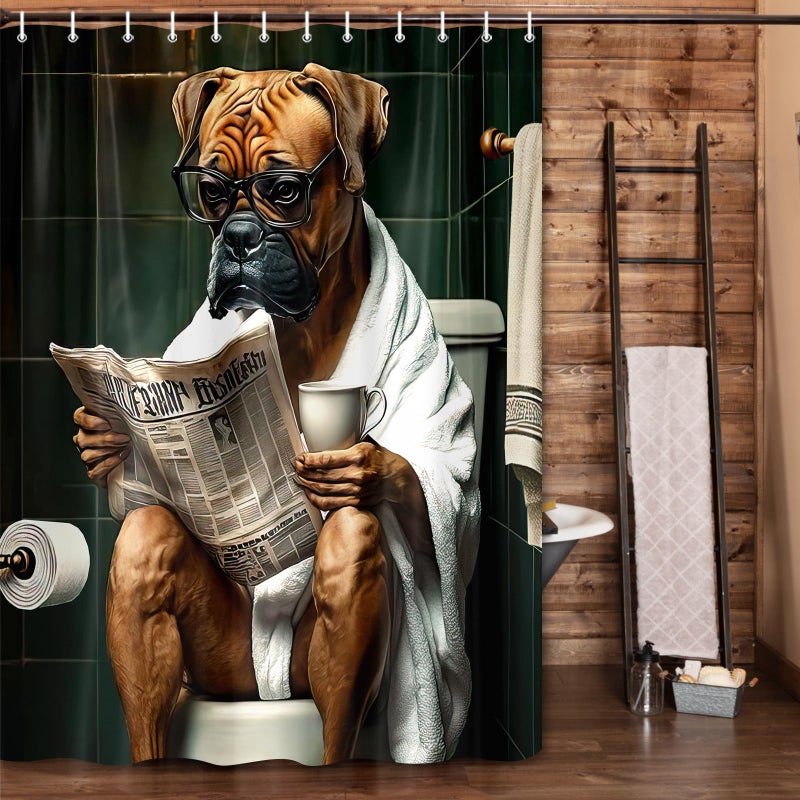 JAWO Funny Dog Bathroom Curtain, Cute Dogs Reading Newspaper on Toilet, Washable Cloth Kids Shower Curtain Set with 12 Hooks, 72X72 - Image 3
