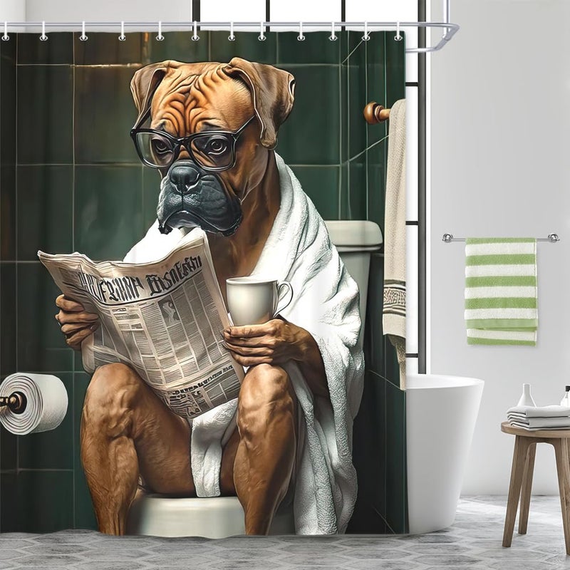 JAWO Funny Dog Bathroom Curtain, Cute Dogs Reading Newspaper on Toilet, Washable Cloth Kids Shower Curtain Set with 12 Hooks, 72X72 - Image 5
