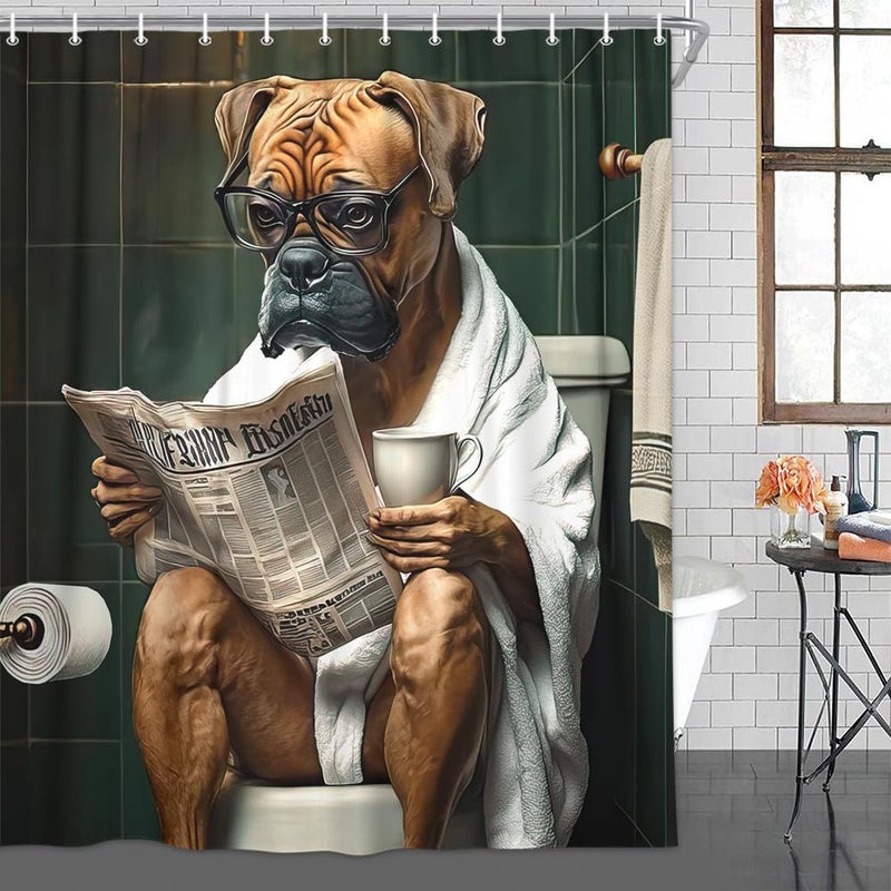 JAWO Funny Dog Bathroom Curtain, Cute Dogs Reading Newspaper on Toilet, Washable Cloth Kids Shower Curtain Set with 12 Hooks, 72X72 - Image 4