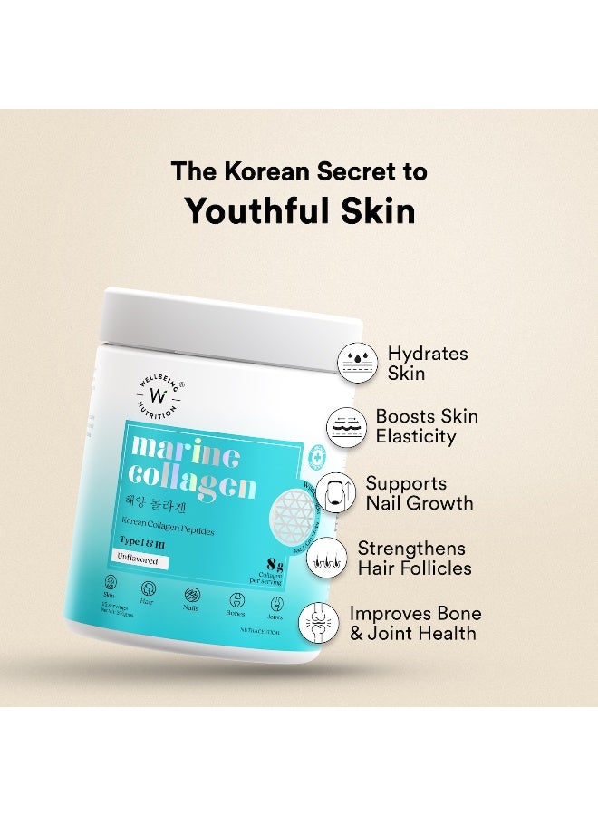 WELLBEING NUTRITION Pure Korean Marine Collagen Peptides Supplement for Skin, Hair, Nails. Bone & Joint | Clinically Proven | High Absorption 8 gms Collagen | Unflavored, 200 gms - Image 5