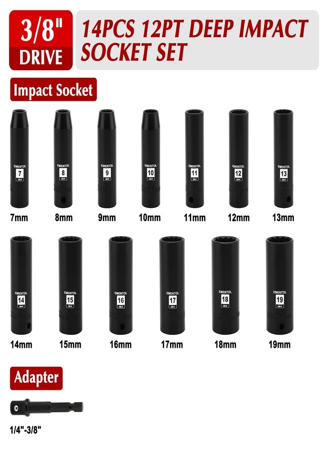 EMENTOL 14PCS 3/8"Dr. Deep Impact Socket Set, Metric, 12-Point, CR-V, 14 Pieces 3/8-Inch Drive Deep Socket Set, 7mm - 19mm - Image 2
