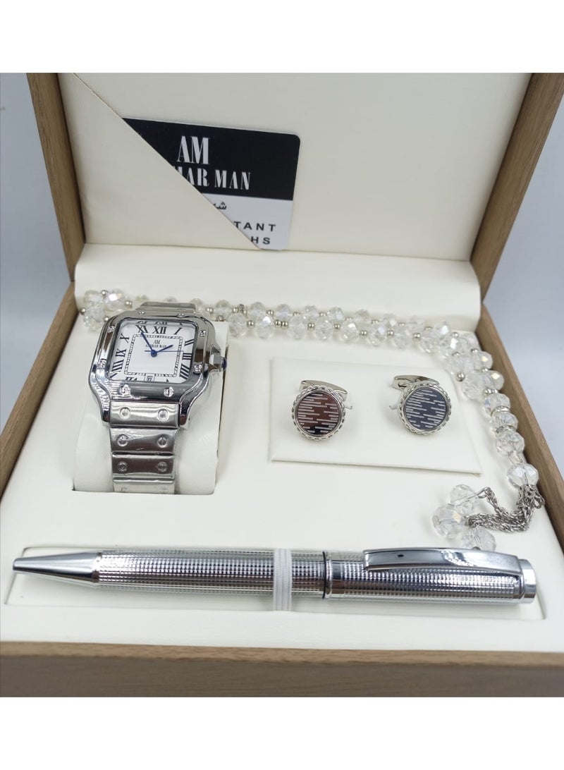 ANEMAR MAN A high-quality, elegant men's gift set including a watch, pen, prayer beads, cufflinks, and a silver bracelet with a white dial.