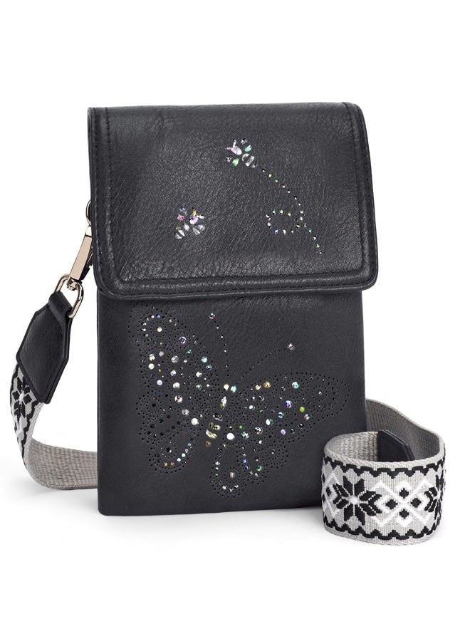 KITEVIUN Leather Small Crossbody Bags for Women Trendy Cell Phone Bag Wallet Purses Butterfly Design (Black) - Image 1