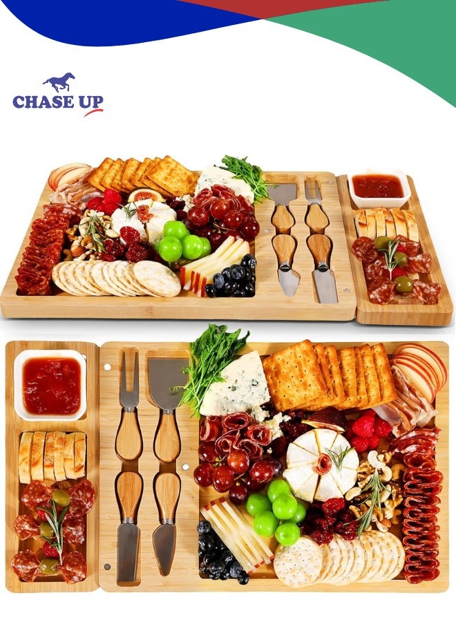 Chase Up Charcuterie Boards Set - Large Bamboo Cheese Board with Knife Set | Premium Cheese Board & Serving Tray House Warming Gifts New Home, Wedding Gift for Couple, Birthday Gifts for Women - Image 1
