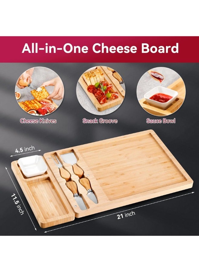 Chase Up Charcuterie Boards Set - Large Bamboo Cheese Board with Knife Set | Premium Cheese Board & Serving Tray House Warming Gifts New Home, Wedding Gift for Couple, Birthday Gifts for Women - Image 3