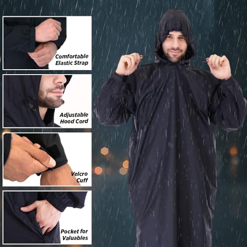 ROCKSPORT Waterproof Rain Poncho for Men and Women l Lightweight, Reusable & Pocket Packing Design - Free Size, Black - Image 3