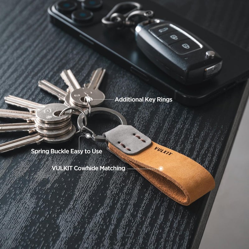 VULKIT Genuine Leather Keychain for Men & Women - Wheat/Grey - Image 4