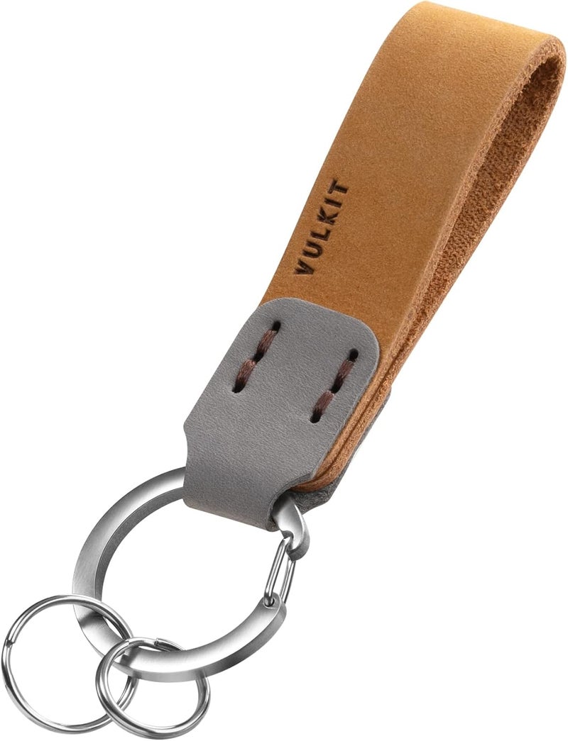 VULKIT Genuine Leather Keychain for Men & Women - Wheat/Grey - Image 1