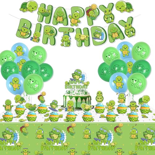 PTECDROTS Turtle Party Decorations Including Turtle Balloons Happy Birthday Banner Cake Topper and Green Tablecloth for Under the Sea Party Decorations Turtle Birthday Party Supplies - Image 1