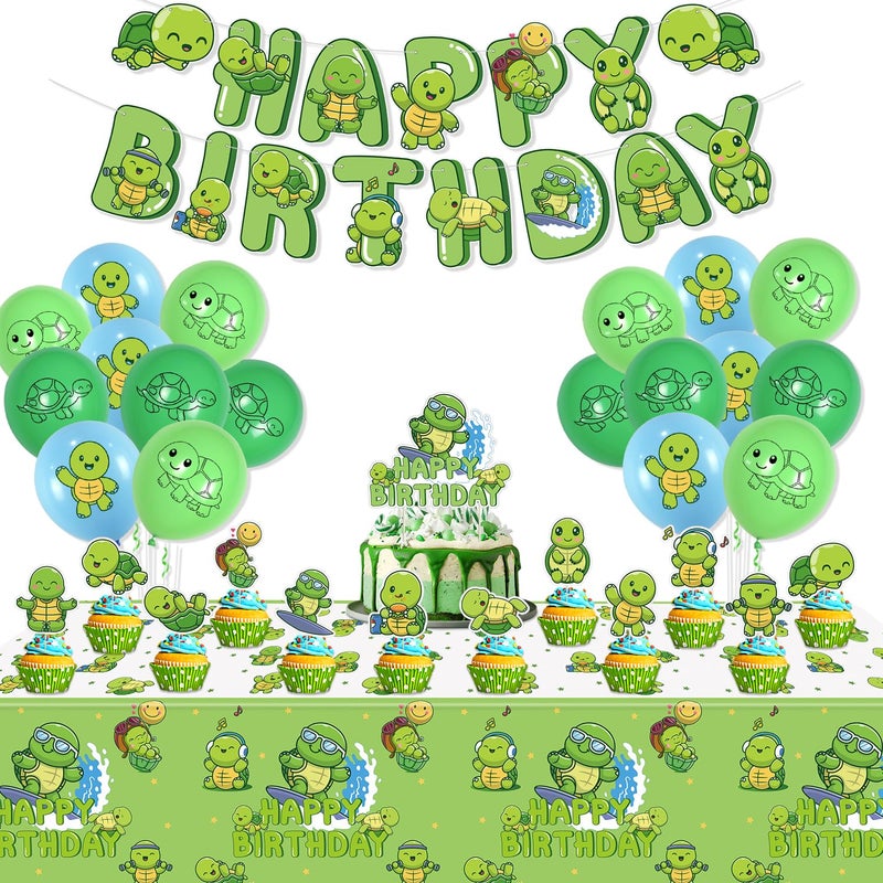 PTECDROTS Turtle Party Decorations Including Turtle Balloons Happy Birthday Banner Cake Topper and Green Tablecloth for Under the Sea Party Decorations Turtle Birthday Party Supplies - Image 2