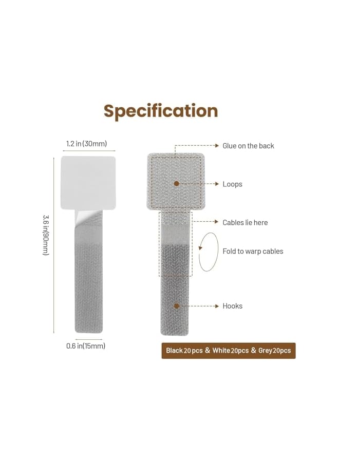 Green Tiger 60pcs Hook and Loop Cable Ties, Self-Adhesive Cable Organizer, Sticky-Back Cord Organizer for Kitchen Appliances, Office, Home, Grey＆White＆Black - Image 2