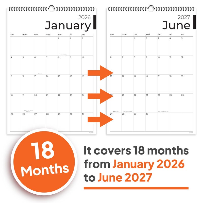 HADIGU Wall Calendar 2026-2027, 18 Months, Runs From January 2026 to June 2027, 17" x 12" Large Wall Calendar with Hanger, Thick Paper and Spiral Binding. Sleek Business Design. - Image 2