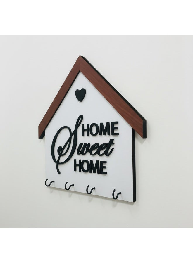 علاقة مفاتيح بعبارة Home Sweet Home مقاس 32*28 سم, خشب بجودة عالية, مع سمك 8ملي لمتانة قوية, لون ابيض و اسود , تصميم انيق لاضافة لمسة جمالية للحائط, علاقة مفاتيح, خطاف للمفاتيح, ديكور للحائط - Image 1