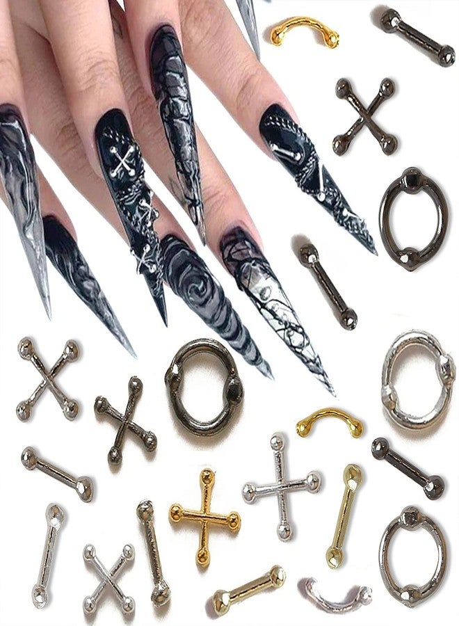 SILPECWEE 36pcs Punk Nail Charms 3D Retro Gold Silver Alloy Nail Jewels Cross Nail Charm Hanging Rings Charms for Nails Salon Gothic Metal Nail Art Decorations Nails Accessories - Image 3