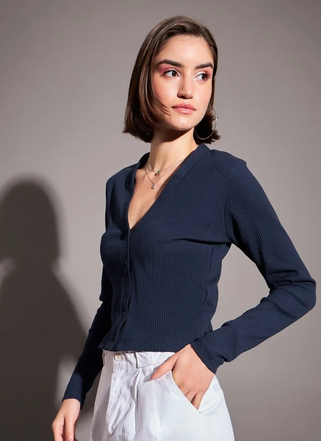 SASSAFRAS Navy Blue V-Neck Knitted Cardigan Top for Women