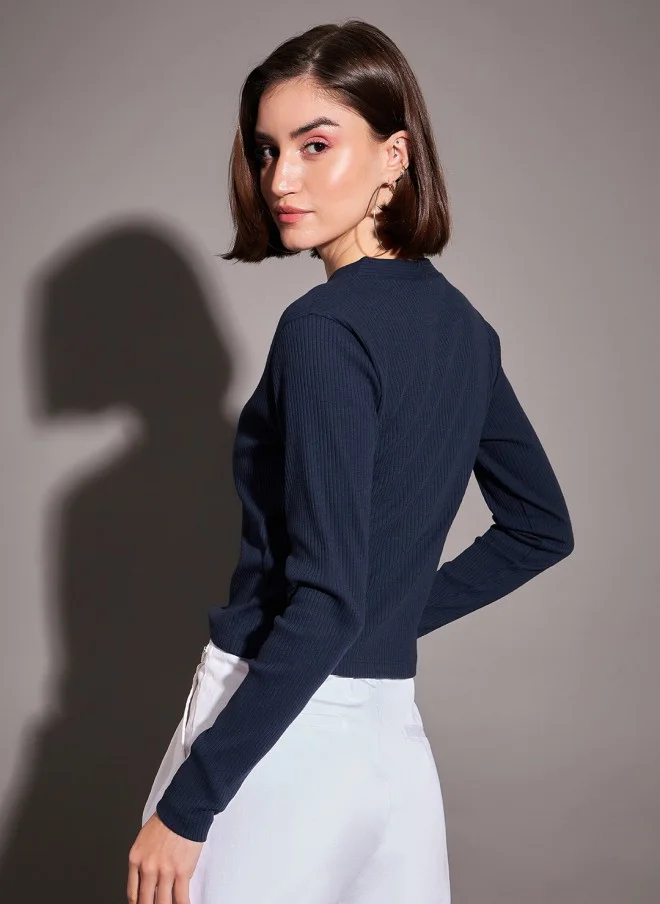 SASSAFRAS Navy Blue V-Neck Knitted Cardigan Top for Women