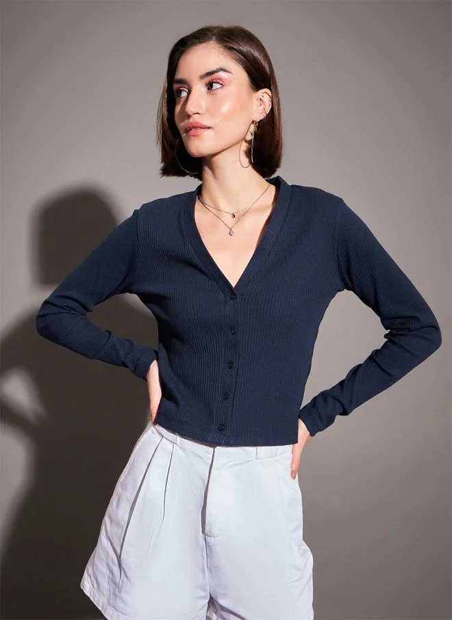 SASSAFRAS Navy Blue V-Neck Knitted Cardigan Top for Women