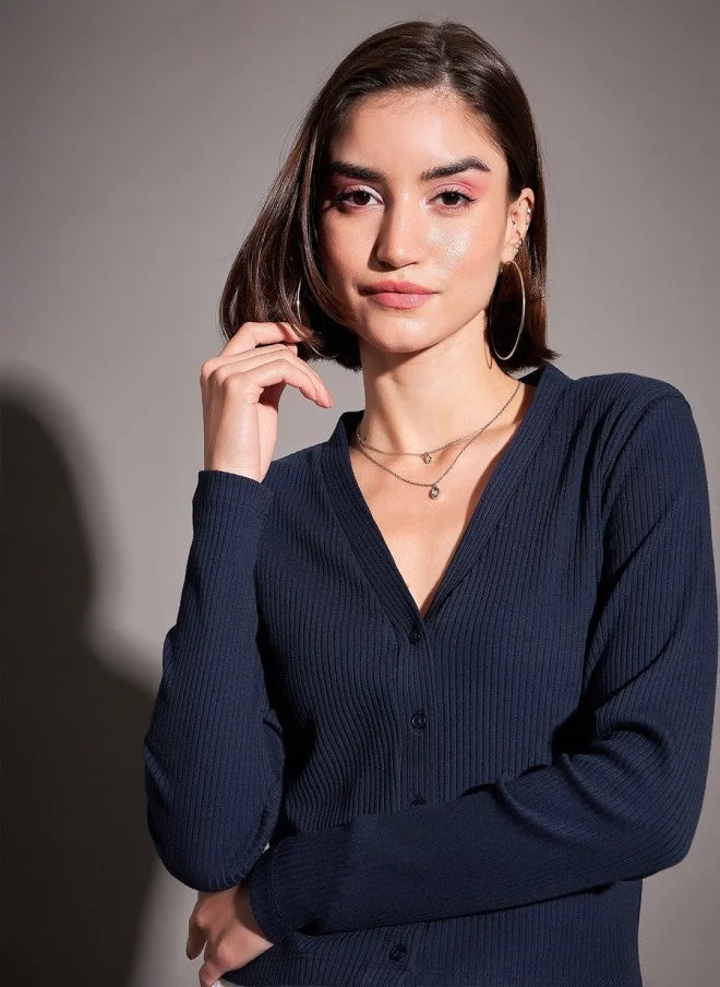 SASSAFRAS Navy Blue V-Neck Knitted Cardigan Top for Women