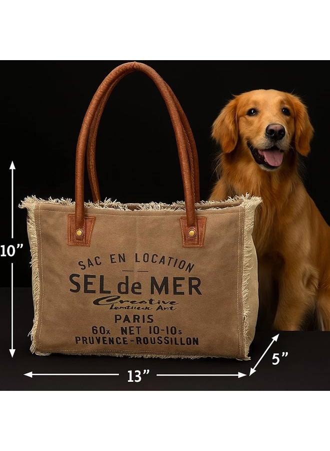 CREATIVE LEATHER ART CLA Bags Sel De Mer Upcycled Canvas Hand Bag Upcycled Canvas & Cowhide Tote Bag Radiant Upcycled Canvas & Cowhide Leather Bag, Khaki - Image 4