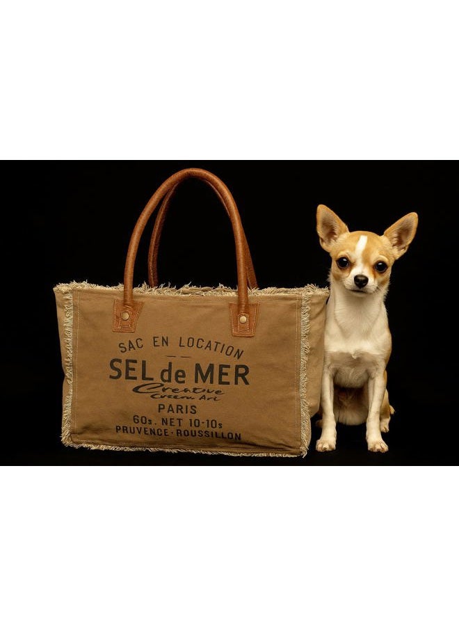 CREATIVE LEATHER ART CLA Bags Sel De Mer Upcycled Canvas Hand Bag Upcycled Canvas & Cowhide Tote Bag Radiant Upcycled Canvas & Cowhide Leather Bag, Khaki - Image 5