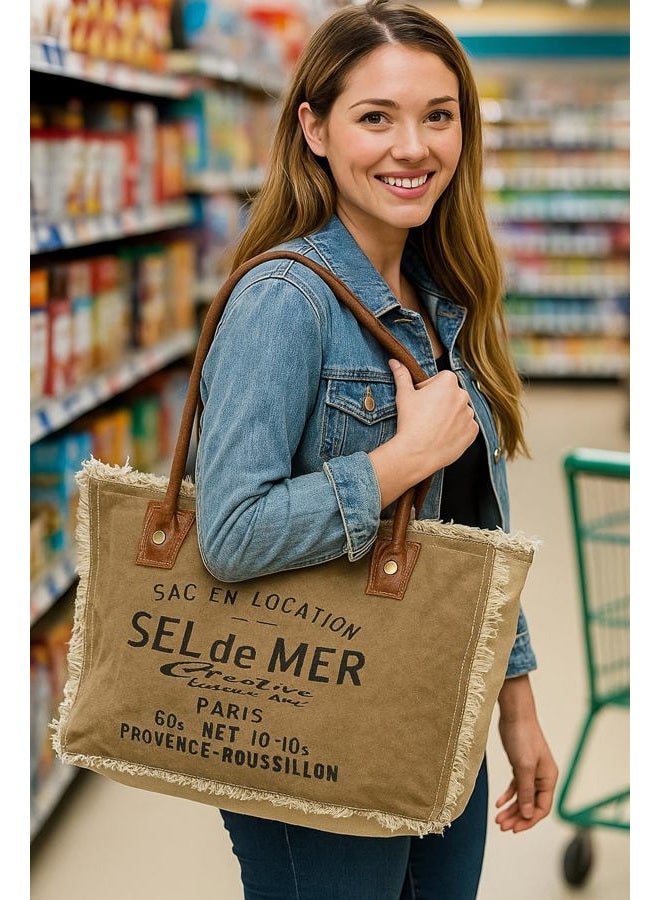 CREATIVE LEATHER ART CLA Bags Sel De Mer Upcycled Canvas Hand Bag Upcycled Canvas & Cowhide Tote Bag Radiant Upcycled Canvas & Cowhide Leather Bag, Khaki - Image 2
