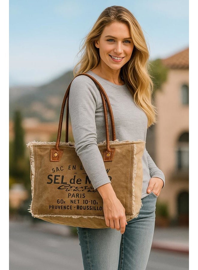 CREATIVE LEATHER ART CLA Bags Sel De Mer Upcycled Canvas Hand Bag Upcycled Canvas & Cowhide Tote Bag Radiant Upcycled Canvas & Cowhide Leather Bag, Khaki - Image 3