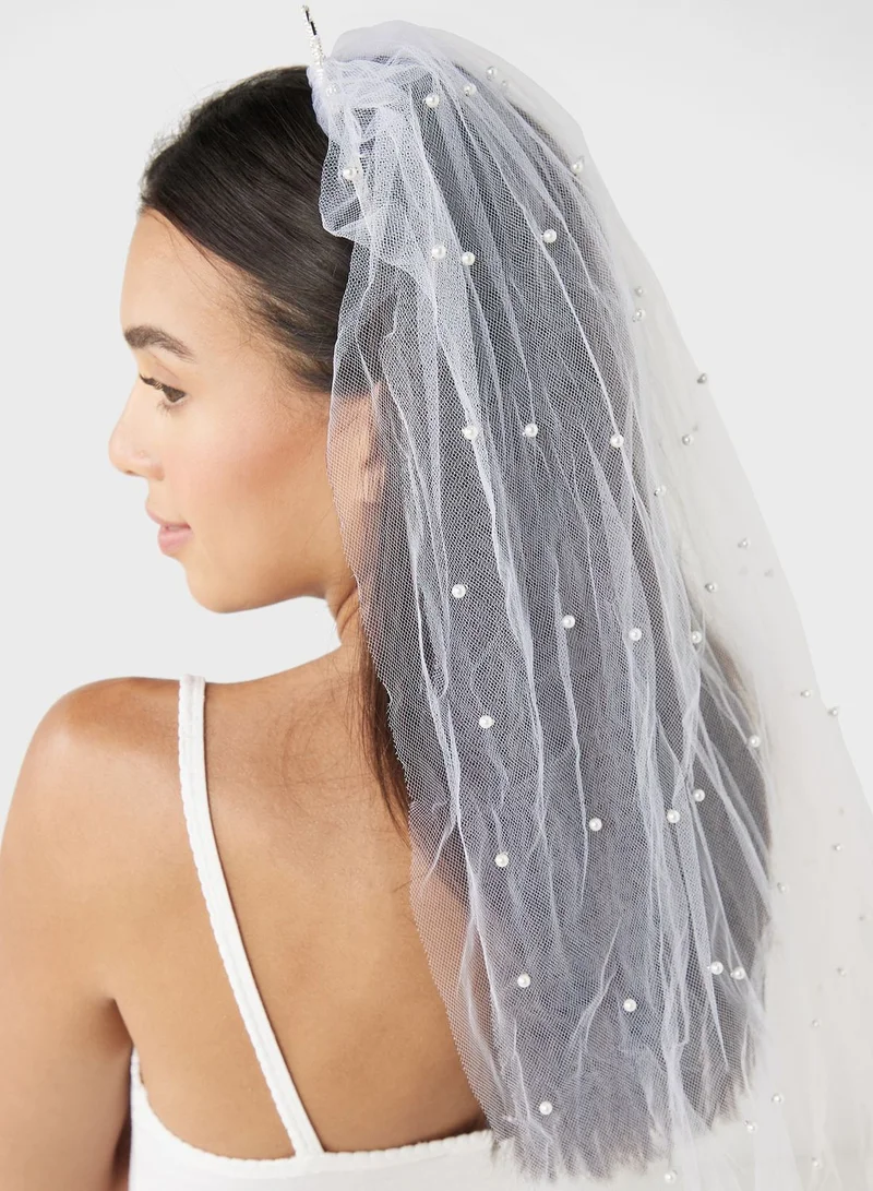 جينجر راي طوق شعر مع طرحة بعبارة - The Bride - باللون الفضي المزين باللؤلؤ