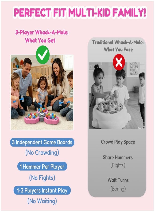 TooLion 3-Player Whack Game Mole for Kids 3-12 Boys Girls - 3 Independent Game Boards,3 Modes with Sound & Light,Safe Educational Pounding Toy,Christmas Birthday Gift for Multi-Kid Families - Image 4