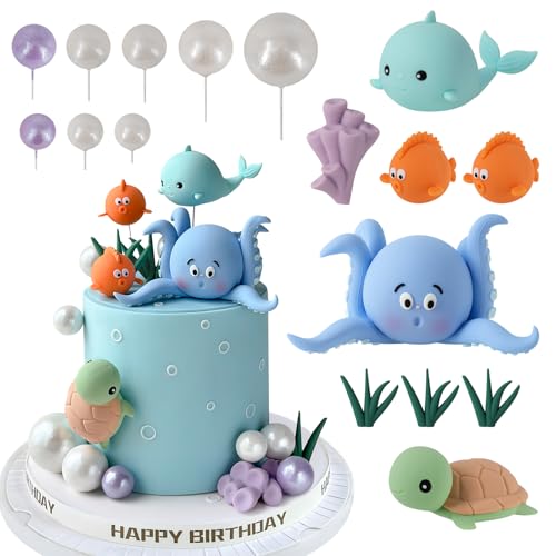 Zafena 17 PCS Under the Sea Cake Decorations Ocean Animals Cake Topper with Cake Balls Decorations for Under the Sea Theme Boys Girls Baby Shower Birthday Party Supplies - Image 1