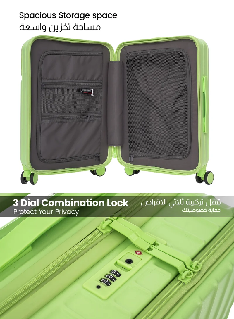 Parajohn GREEN Para John Verdex 22-Inch PC Hard-Side Trolley Luggage with 8 Spinner Wheels, Easy-Access Front Pouch, Handbag Hook, Bottle & Mobile Holder, 45L, Green  | Best Price UAE