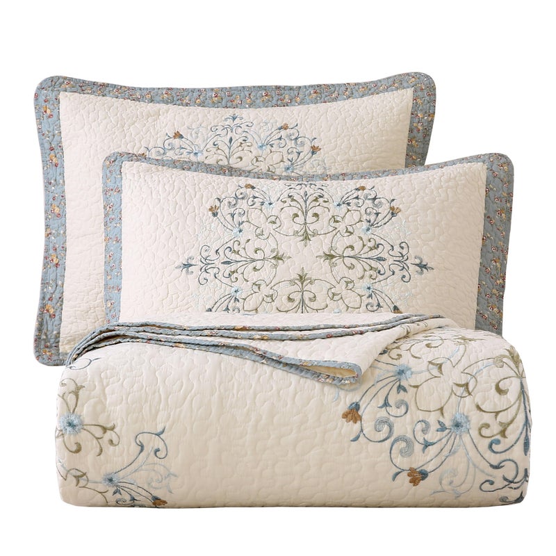 vctops Boho Floral Embroidered Quilted Bedspread Quilt Set 3Piece Oversize Queen 100 Cotton Lightweight Reversible Coverlet for All Season Flower96x110