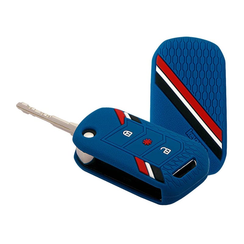 Keyzone Striped Silicone Key Cover Compatible for Mahindra Thar Roxx, Xuv3xO, Scorpio-N, Xuv700, Thar,Xuv400, Xuv300, Bolero NEO, Marazzo, 3 Button Flip(Blue) - Image 1