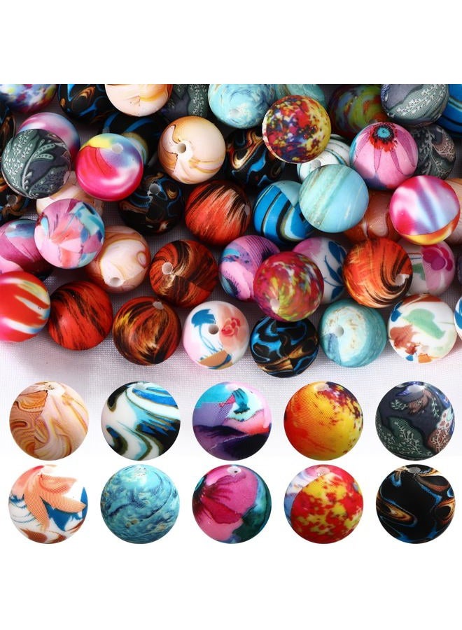 Ferreve 60 Pcs 15mm Silicone Beads Bulk Galaxy Print Round Focal Beads Rubber DIY Silicone Loose Bead for Bracelet Making Kit for Keychain Pens Necklace Bracelets Jewelry Making - Image 1