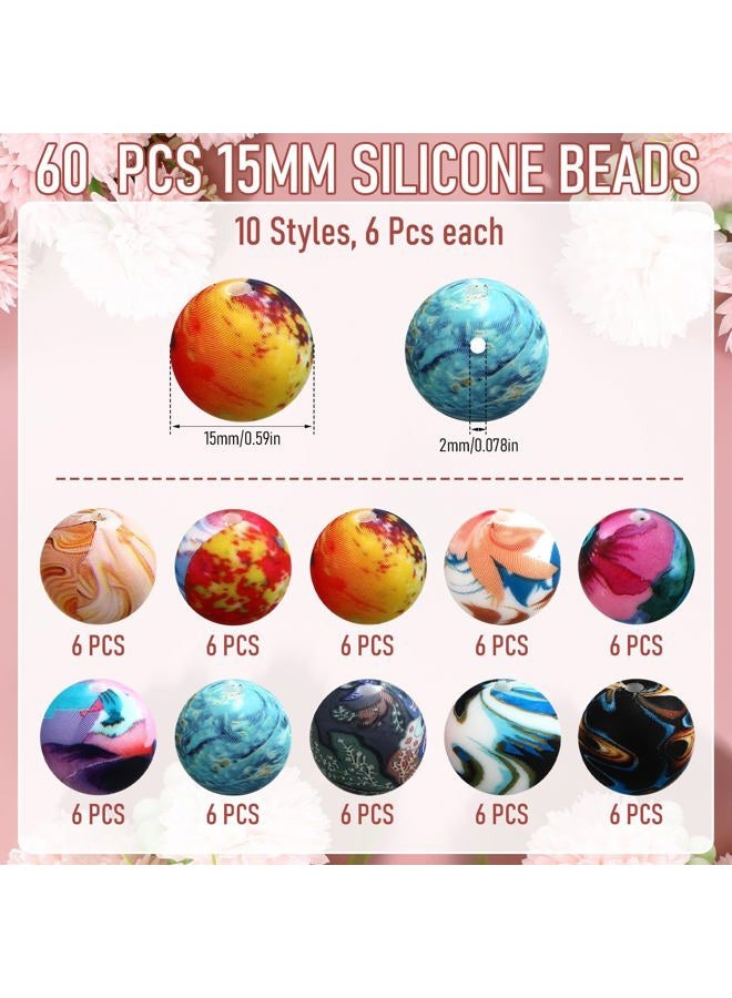 Ferreve 60 Pcs 15mm Silicone Beads Bulk Galaxy Print Round Focal Beads Rubber DIY Silicone Loose Bead for Bracelet Making Kit for Keychain Pens Necklace Bracelets Jewelry Making - Image 2