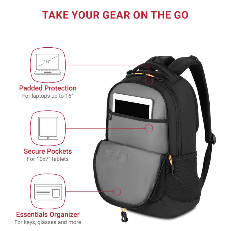 SWISSGEAR Cecil 18-Inch Laptop Backpack Fits 16-Inch Laptop, Travel Daypack with Organizer Pockets, Water Bottle Holders & Padded Straps â€“ Black/Gold - Image 2