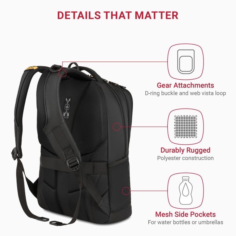 SWISSGEAR Cecil 18-Inch Laptop Backpack Fits 16-Inch Laptop, Travel Daypack with Organizer Pockets, Water Bottle Holders & Padded Straps â€“ Black/Gold - Image 3