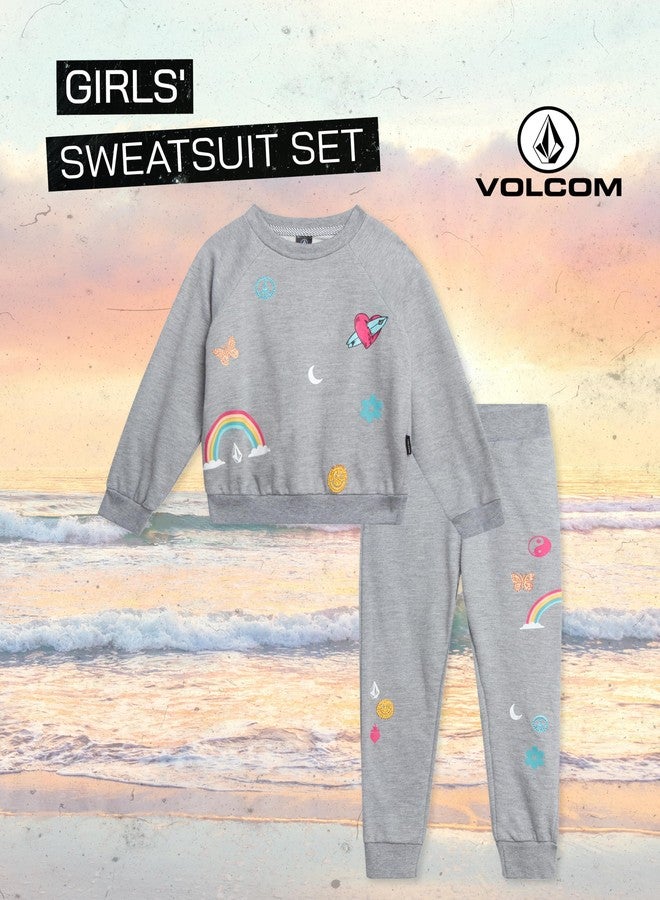 فولكوم طقم رياضي للبنات الصغيرات من فولكوم - قطعتان: كنزة صوفية برقبة دائرية وبنطال رياضي للأطفال الصغار، مقاس 4، لون رمادي فاتح - Image 2