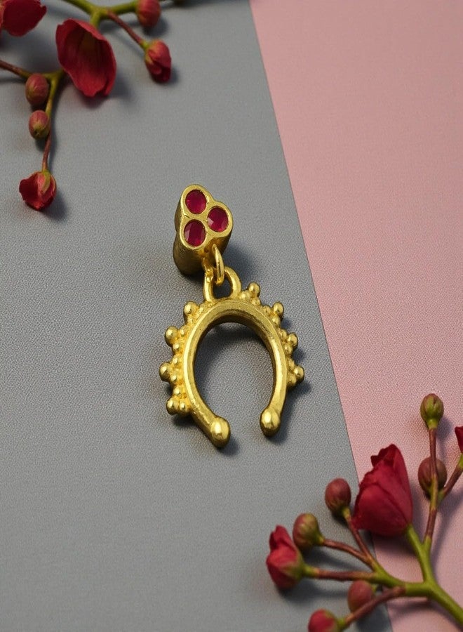 ACCESSHER Women's & Girls Traditional Gold-Tone Clip-On Non-Pierced Middle Nose Ring with Pink Stone Drop Adjustable Pressing Type Septum Nose Pin, Jewellery for Gift - Image 4