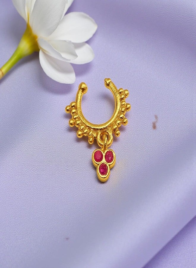ACCESSHER Women's & Girls Traditional Gold-Tone Clip-On Non-Pierced Middle Nose Ring with Pink Stone Drop Adjustable Pressing Type Septum Nose Pin, Jewellery for Gift - Image 3