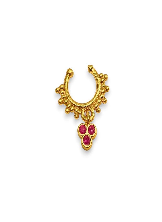 ACCESSHER Women's & Girls Traditional Gold-Tone Clip-On Non-Pierced Middle Nose Ring with Pink Stone Drop Adjustable Pressing Type Septum Nose Pin, Jewellery for Gift - Image 1