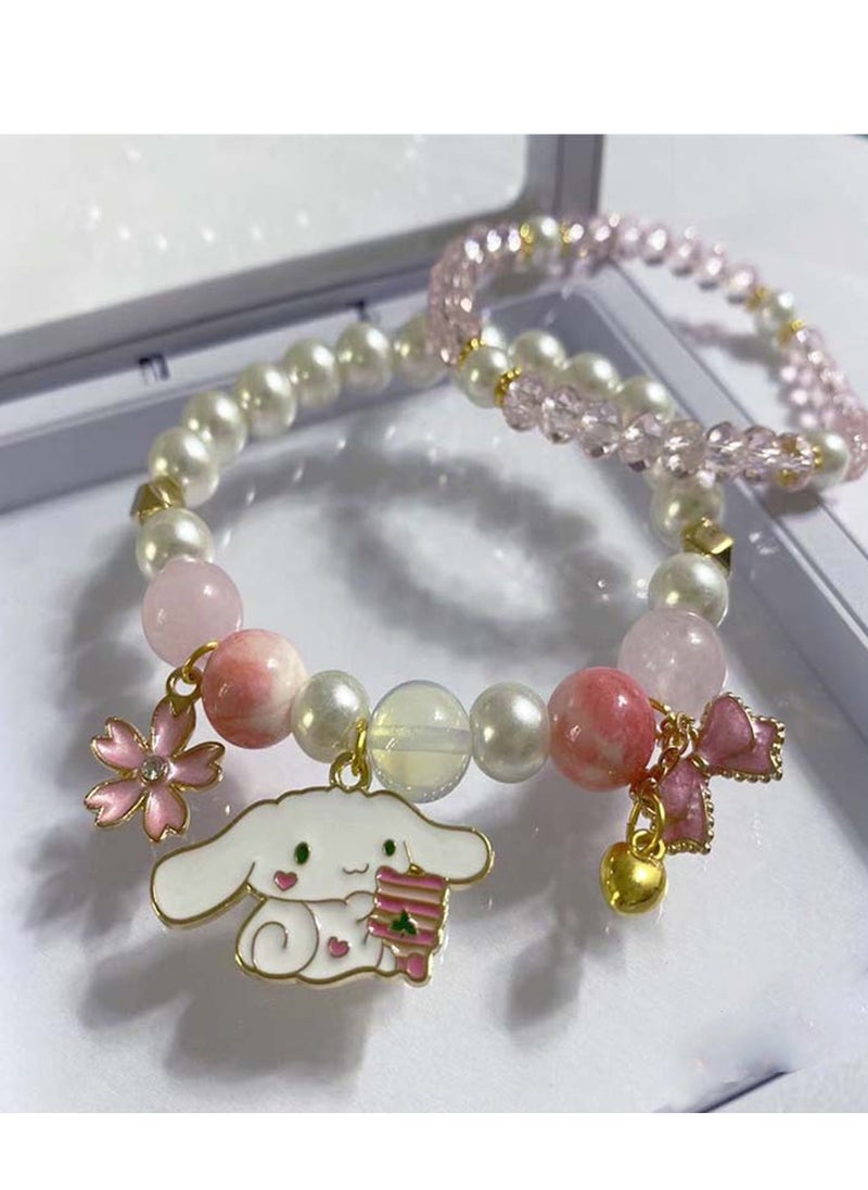 Excefore - Kawaii Bracelet Crystal Pearl Bracelet Crystal Bead Bracelet Anime Cartoon Dog Stretch Crystal Bead Bracelet Cartoon Kawaii Elastic Beaded Bracelets for Girls Women  Pack Of 2 - Image 1