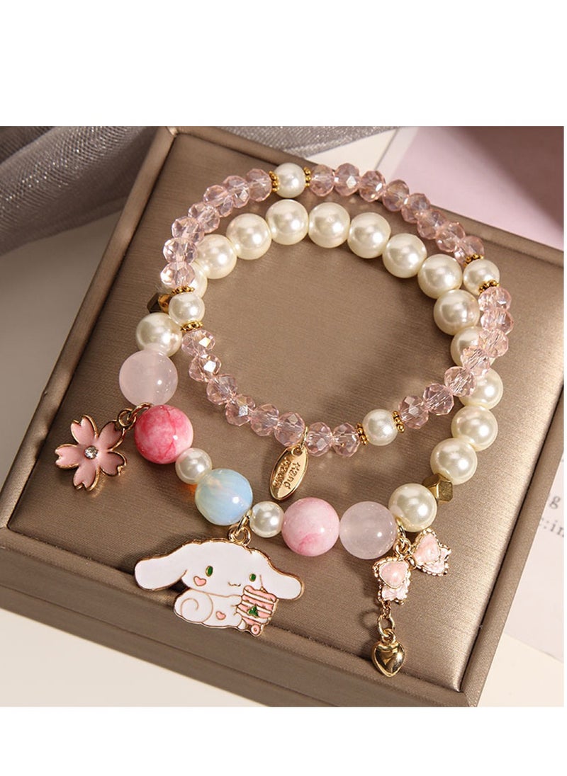 Excefore - Kawaii Bracelet Crystal Pearl Bracelet Crystal Bead Bracelet Anime Cartoon Dog Stretch Crystal Bead Bracelet Cartoon Kawaii Elastic Beaded Bracelets for Girls Women  Pack Of 2 - Image 1